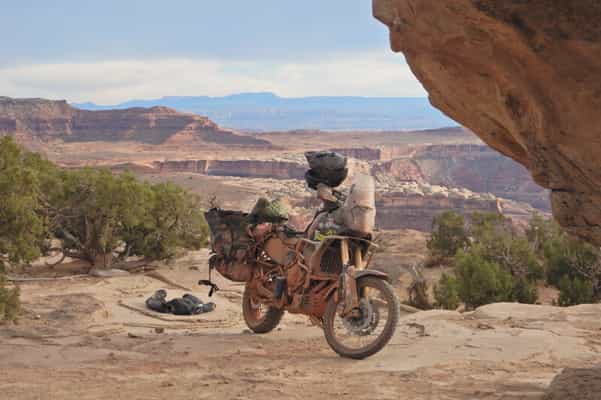 Tyler's Tenere 700 equipped with Giant Loop's RTW adventure motorcycle luggage while scouting routes for our Utah backcountry tour.